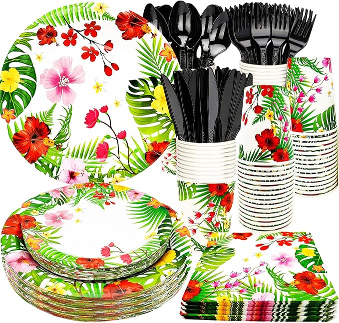 175Pcs Tropical Luau Party Supplies Aloha Hawaiian Paper Plates Set 9"& 7"Luau Plates Tropical Napkins Knives Forks Spoons Cups for Hawaiian Themed BBQs Summer Luau Birthday Party Decorations Serve25