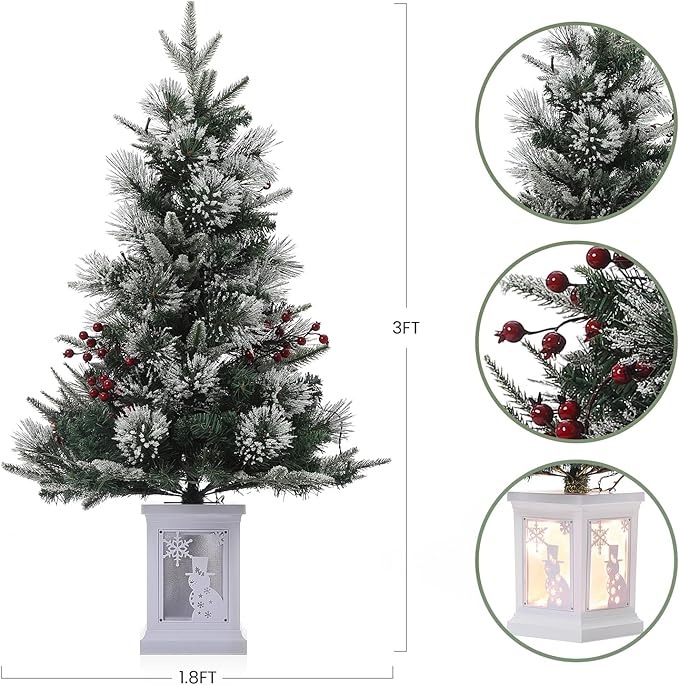 3 ft Mini Christmas Tree with Premium 78 Warm White Led, 8 Mode Xmas Pine Tree for Christmas Decoration, Party Decoration, Home, Office, Snow Flocked White Base 2 Pack