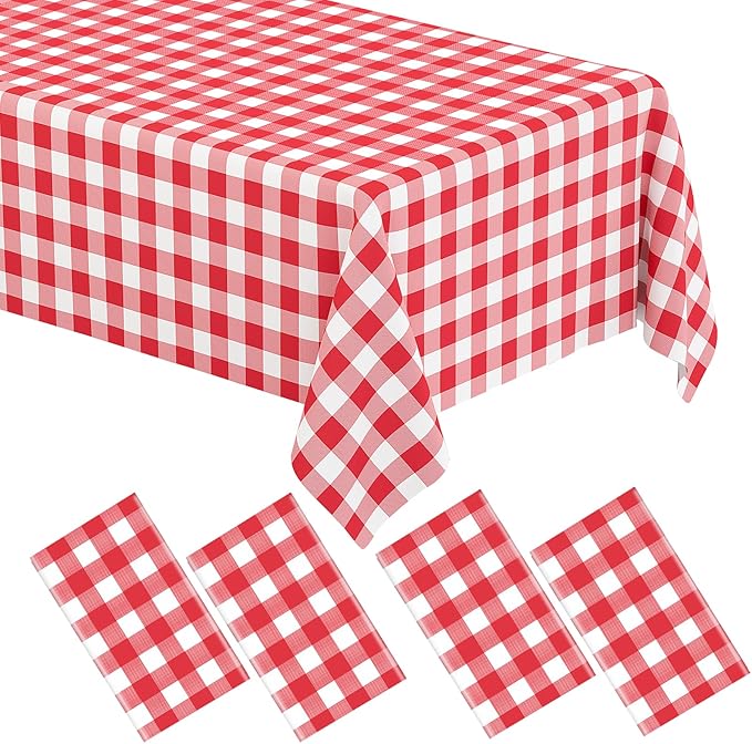 WNINK 4 Pack Red Gingham Tablecloth Rectangular Red and White Checkered Tablecloths Disposable Plastic Red Plaid Table Cover for Parties, Christmas, Outdoor Picnic, Birthday, Wedding, Camping 54 × 108