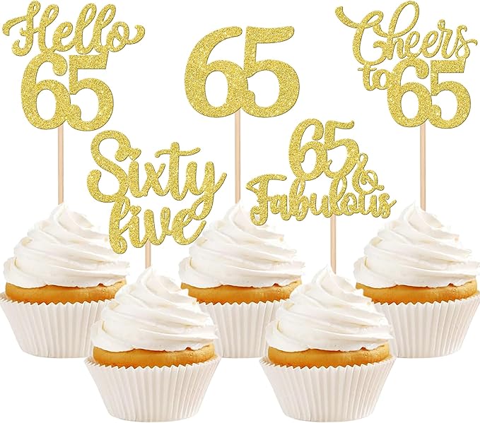 30PCS Happy 65th Birthday Cupcake Toppers Glitter Hello 65 Fabulous Sixty Five Cheers to 65 Years Old Birthday Cupcake Picks for Happy 65th Birthday Anniversary Party Cake Decorations Supplies Gold