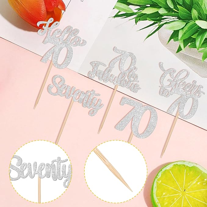 30PCS Happy 70th Birthday Cupcake Toppers Glitter Hello 70 Fabulous Seventy Cheers to 70 Years Old Birthday Cupcake Picks for Happy 70th Birthday Anniversary Party Cake Decorations Supplies Silver