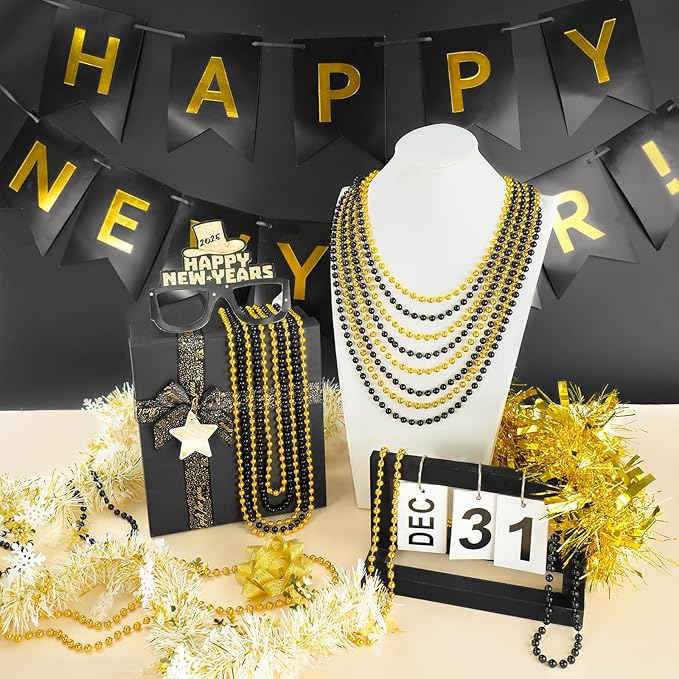 30 PCS Gold Black New Year Necklaces, 33 Inch New Year Eve Necklaces Round Happy New Year Necklace Accessories, 2026 New Year Party Beads for New Year's Day, Christmas, Carnival Party Favors