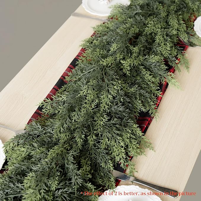9FT Christmas Cedar Garlands, Real Touch Winter Cedar Pine Garland with Soft Thickness Pine, Green Artificial Greenery Garland for Table, Mantle, Fireplace, Wall, Indoor, Outdoor Christmas Decorations
