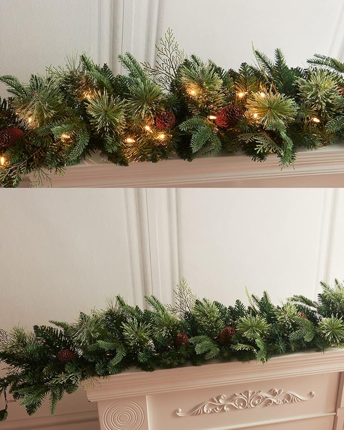 9Ft Pre-lit Christmas Garland with 50 LED Lights Battery Operated,Holiday Decoration Stairs Wall Mantle Door Indoor Outdoor