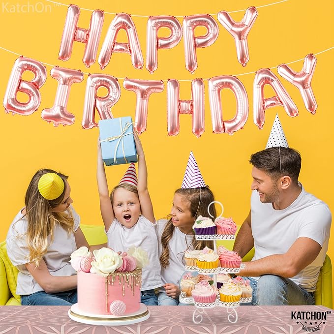 KatchOn, Rose Gold Happy Birthday Balloon Banner - 16 Inch | Rose Gold Happy Birthday Decoration Banner for Birthday Party Decorations | happy birthday Foil Balloons for rose gold Party decorations