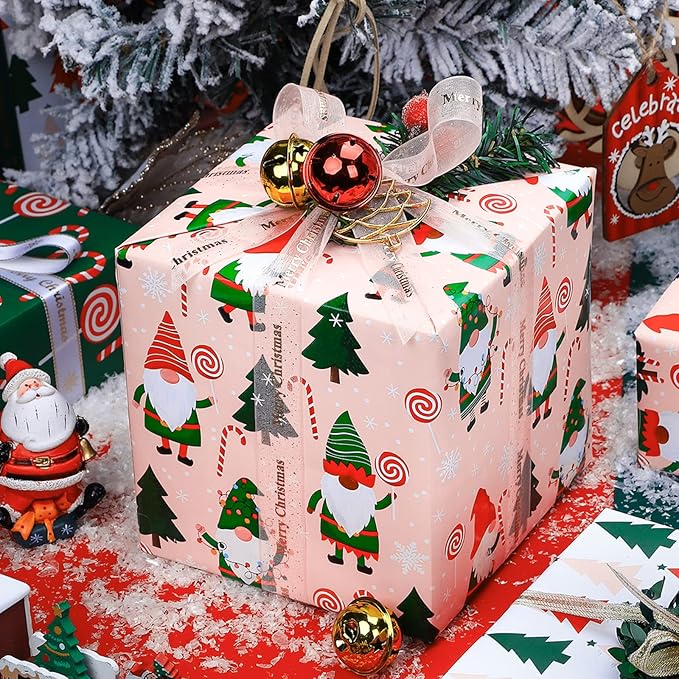 WRAPAHOLIC 30 Inch Jumbo Reversible Gnome Christmas Wrapping Paper - 30 Inch x 33 Feet - Red Green Gnome Wrapping Paper and Pink White Polka Dots for Christmas, Holiday, Party