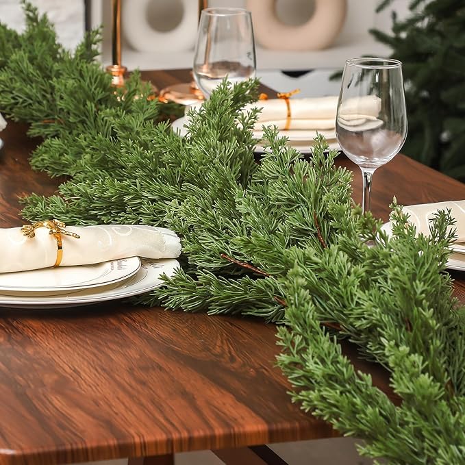 Dingion 2 PCS 6 ft Christmas Cedar Garland - Artificial Realistic Decorations Cedar Pine Needles Faux Garland for Seasonal Holiday Decor - Suitable for Table, Mantel, Stair