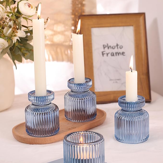 DARJEN 12 Pcs Glass Candlestick Holders- Blue Taper Candlestick Holders Tealight Votive Candle Holders for Table Centerpieces, Wedding, Dinner Party, Home Decor