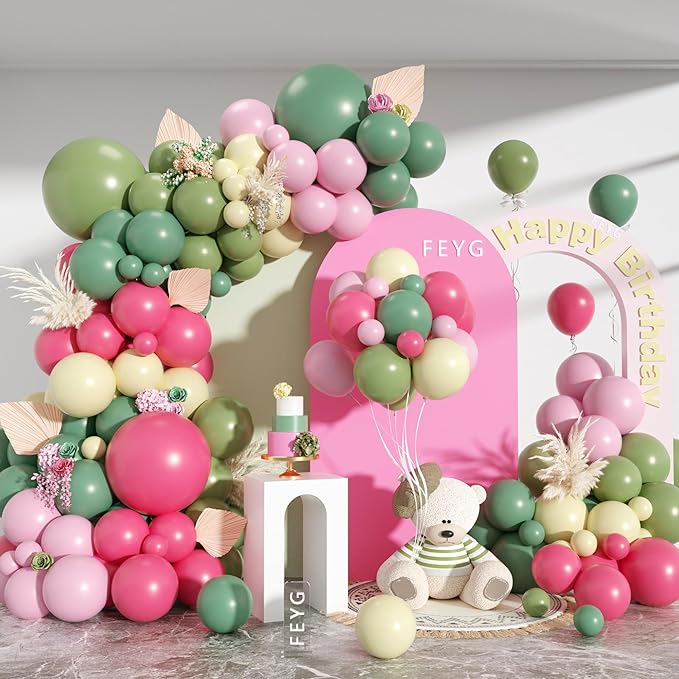 Pink Green Yellow Balloon Garland Kit, Dusty Green Hot Pink Olive Balloons Pastel Pink Yellow Balloon Arch Kit for Wedding Baby Shower Flower Theme Birthday Party Decoration