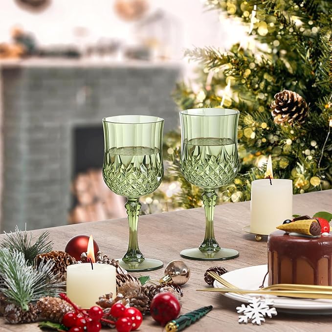 XUWAIDSGN 48 Pcs 7oz Plastic Vintage Wine Glasses Drinking Glasses Unbreakable Wedding Glassware Crystal Water Goblets Reusable Drinkware Vintage Champagne Flutes (48, Dark Green)