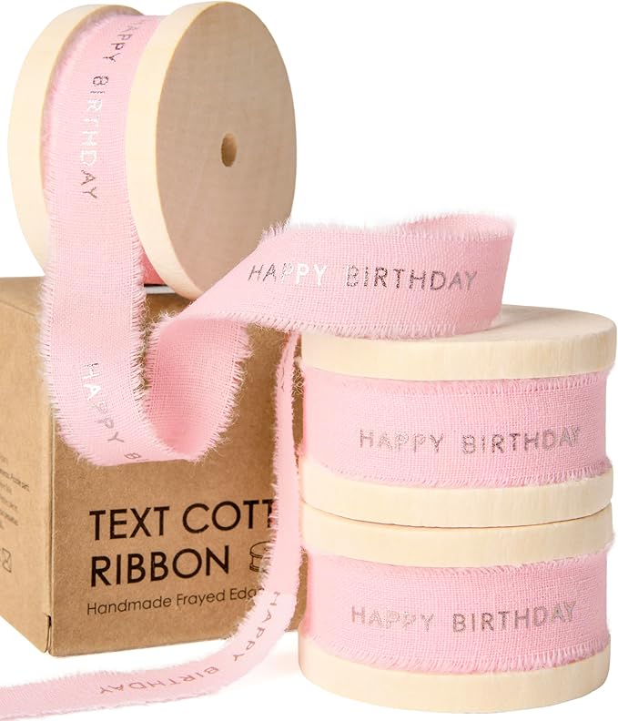 Vitalizart Happy Birthday Cotton Ribbon 5/8 Inch Natural Handmade Frayed Fringe Ribbons 15 Yd for Birthday Gift Wrapping Crafts Flower Bouquets Decor