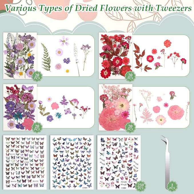 500 PCS Dried Flowers Butterfly Stickers for Crafts Real Natural Pressed Flowers Dry Leaves Kit for DIY Making Crafts Resin Soap Candle Scrapbook Supplies Card Making Jewelry