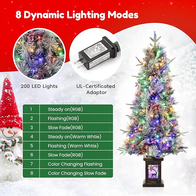 GarveeHome 4.5ft Prelit Christmas Trees with 150 Two-Color Lights & 20 Clusters Red Berry, Artificial Potted Xmas Tree with 8 Light-Modes, Elk Base, Holiday Decor, 1 PCS
