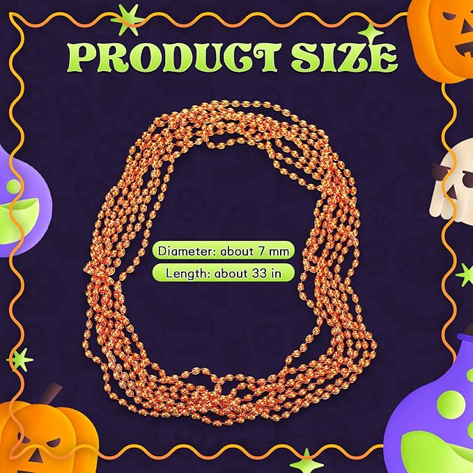 Riceshoot 200 Pcs Orange Bead Necklace Bulk Mardi Gras Oval Beads Necklace Party Favors 33" 7mm Metallic Color Beaded Costume Necklaces for Halloween Christmas Festive Event Accessories