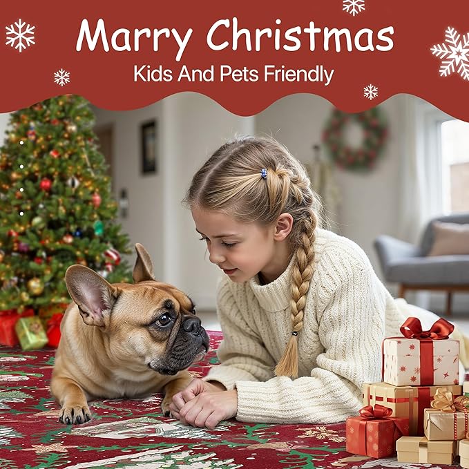 Christmas Runner Rug 2x10 Washable Rug for Hallway Kitchen Bedroom, Christmas Home Decor, Holiday Print Carpet, Low Pile Mat with Non Slip Backing, Crimson Christmas Tale Pattern