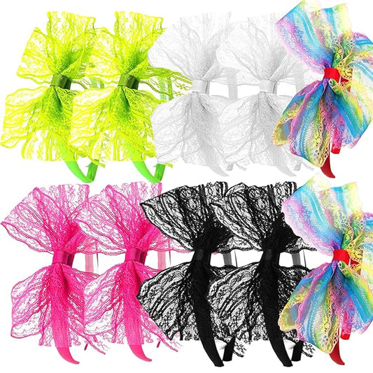 Hairband, 80's Lace Headband - White, Black - 10pcs Pack - Large Lace Bows - Daily Match and Party Use - Unisex Hair Styling Accessories for Adult Women