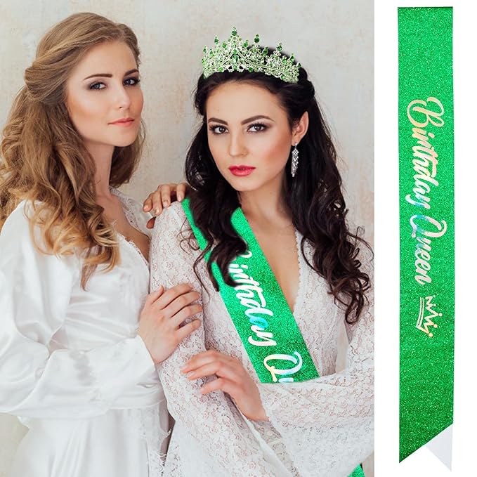 VELSCRUN Birthday Queen Tiara Crowns for Women Girls Green Crystal Birthday Queen Headband Sash Elegant Princess Crown Happy Birth Party Decorations Mom Sisters Birth Gift Hair Accessories