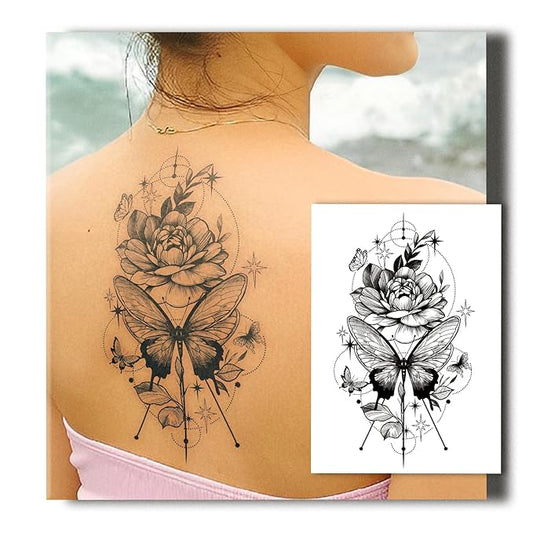 Semi Permanent Tattoos for Women, 2 Sheets Large Temporary Fake Tattoo, Lasts 7-15 Days Water-Resistant, Realistic Flower & Butterfly Design for Thigh Back, Non-Reflective Body Art Stickers