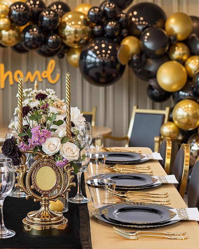 Nervure 350PCS Black Plastic Plates - Black Plastic Dinnerware Sets for 50 Guests - 100 Disposable Plates, 150 Gold Silverware, 50 Cups, 50 Napkins for Wedding & Party & Halloween