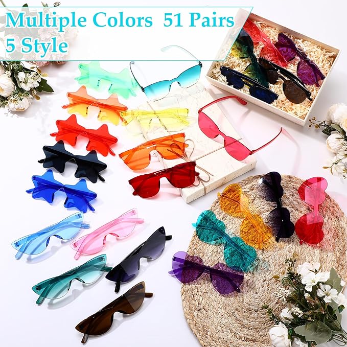 Chumia 51 Pack Fun Sunglasses Bulk Adult Party Favors Glasses Colorful Plastic Retro Sunglasses for Women Men Neon Party Candy Color Glasses, 5 Style, Mixed Colors