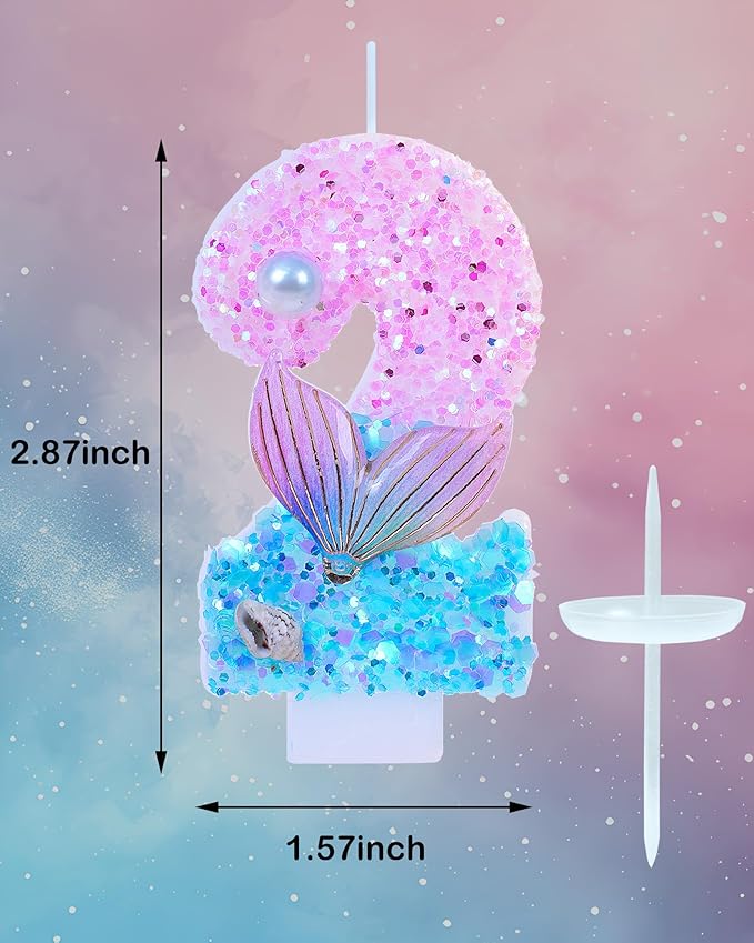 Mermaid Themed Birthday Candles, Number 2 Girls Glitter Birthday Party Supplies,Anniversary Party Decor,2.87 inch Cake Topper Decorations (Mermaid Themed, Number 2)