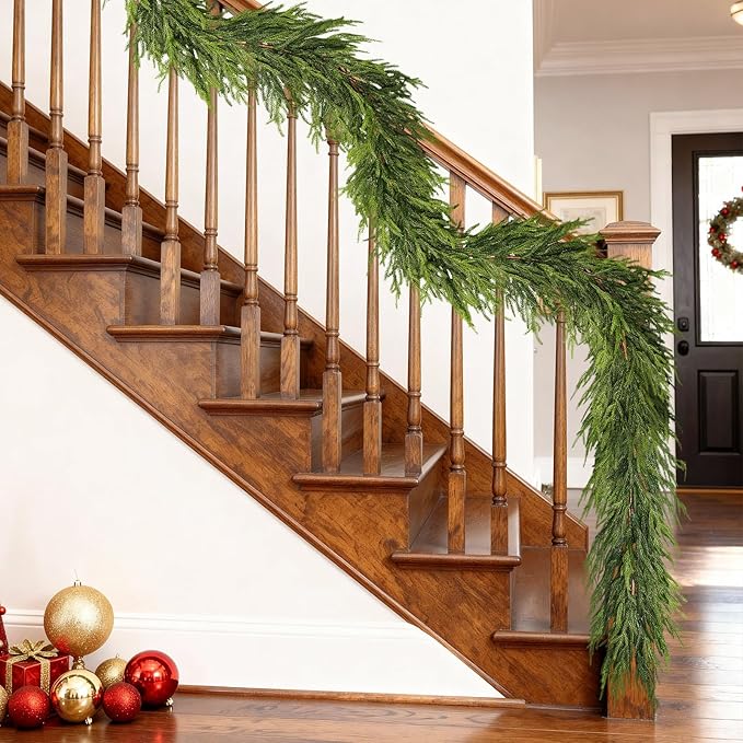 6FT Real Touch Norfolk Pine Garland - Artificial Christmas Garland Fake Green Faux Pine Needles Garland for Table Fireplace Mantle Holiday Home Indoor Outdoor Decor (2PCS)