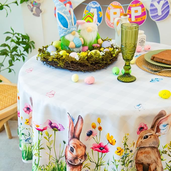 Easter Bunny Tablecloth Waterproof, Spring Floral Print Rectangular Table Cloth, Stain Resistant Table Cover Perfect for Dining & Kitchen Decor, 60 inch Round