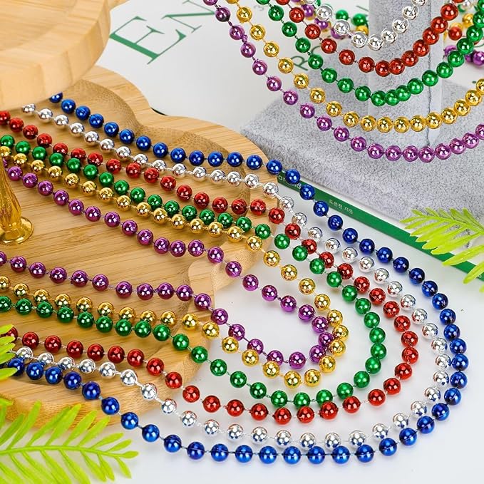 Mardi Gras Beads, 12PCS Bead Necklace Party Favors, Metallic 6 Kinds of 33" Beaded Necklaces Costumes Stuff, Festival Parade Throw Accessory Sets for Mardi Gras Celebrations Decorations