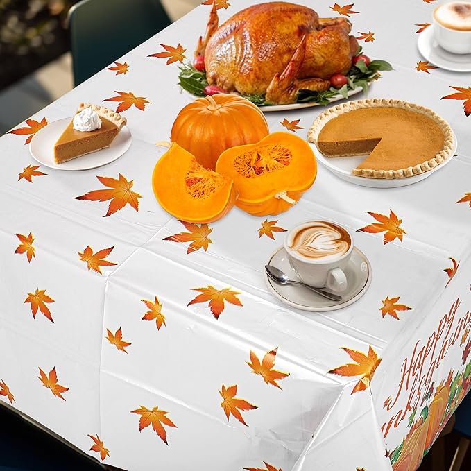 Mornajina 4 Packs 108 x 54 Inch Thanksgiving Fall Tablecloth Plastic Autumn Maple Leave Pumpkin Disposable Table Cover for Autumn Thanksgiving Party Table Decoration (Pumpkins)