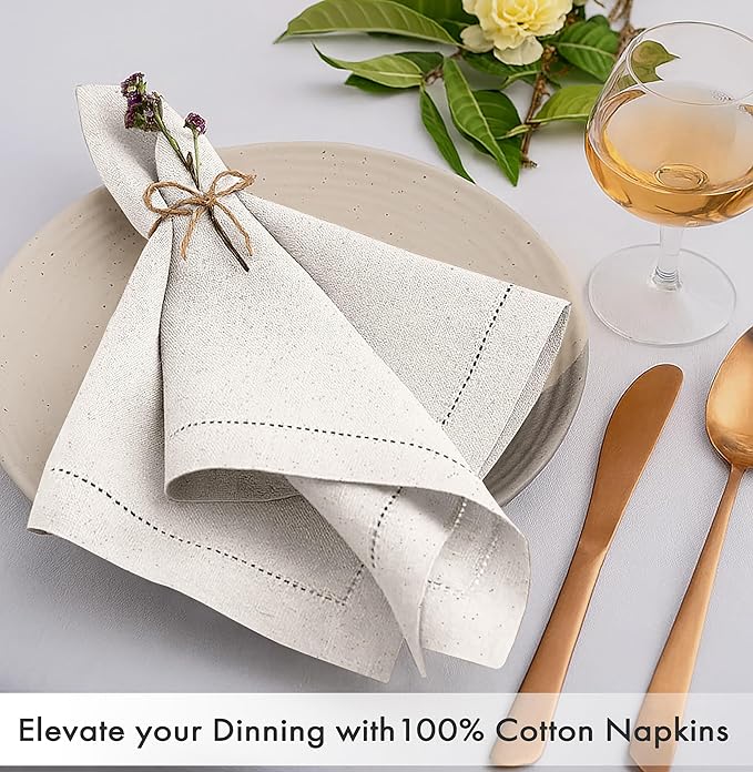 Ruvanti Cloth Napkins - 100% Cotton Dinner Napkins, Hem Stitched Corners, 18x18 Inch, 12 Pack - Soft, Absorbent, Durable, Reusable, Wrinkle Resistant for Formal Dining & Everyday Use - Natural Color