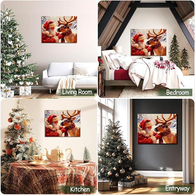 Santa's Reindeer Framed Christmas Wall Art - Festive Holiday Canvas Prints for Living Room Decor, Santa Claus Themed Bedroom Wall Decoration, Ready-to-Hang Christmas Gift Artwork for Home & Office