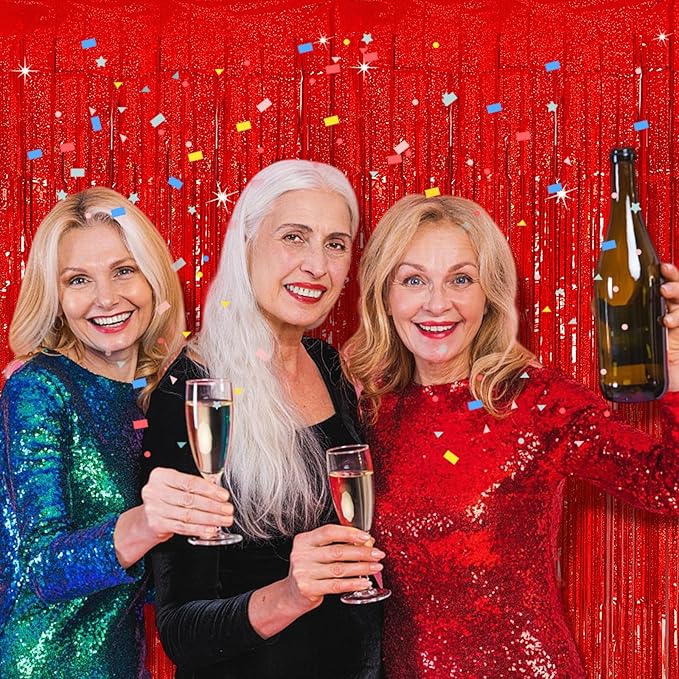 Tinsel Curtain Party Backdrop Red Birthday Decorations 2 Packs Glitter Foil Fringe Curtain Party Decor Streamers Photo Booth for Birthday Christmas Wedding Halloween Graduation Decorations