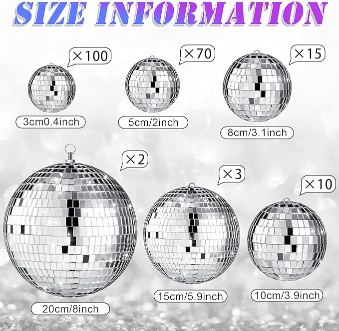 Hoolerry 200 Pcs Mini Mirror Disco Ball Ornaments Mardi Gras Small Silver Hanging Decorations Reflective Tiny Balls Bulk for 70s 80s 90s Disco Party, Christmas Tree(8'', 6'', 4'', 3'', 2,'' 1'')