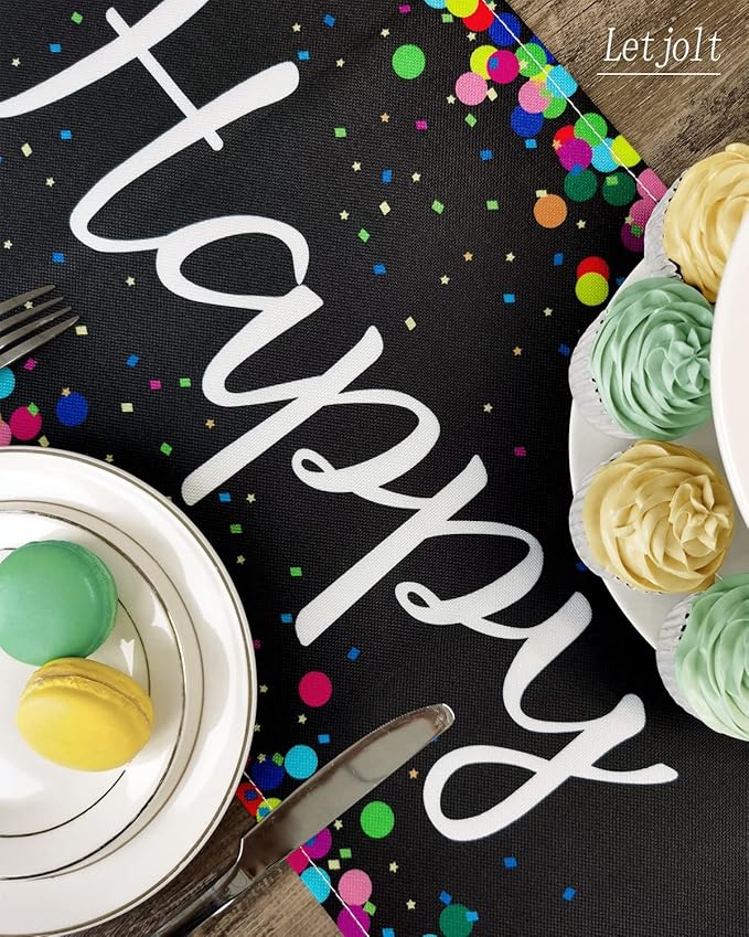 Letjolt Happy Birthday Table Runner 108 Inches Birthday Centerpieces for Tables Birth Day Party Sign Polka Dots Table Decoration, Black