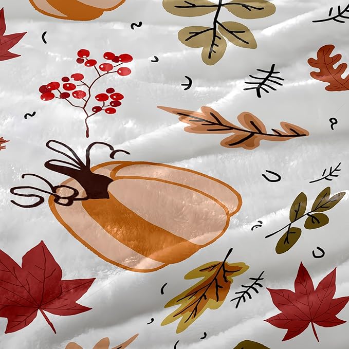 Autumn Harvest Flannel Throw Blanket – Fall Pumpkin and Leaf Pattern – Soft and Cozy Blanket for Sofa or Bed, W60 x L80in