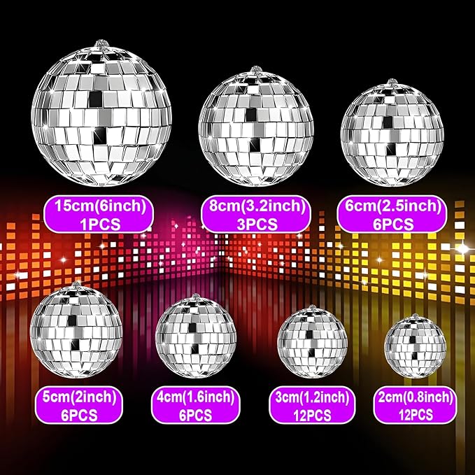 46 PCS Disco Mirror Ball Reflective Mini Glass Hanging Decorations Assorted Silver 6 Inches Large Disco Ball for Wedding Dance Music Ballroom Hall Props Club Stage Backdrop Props (6 inch)