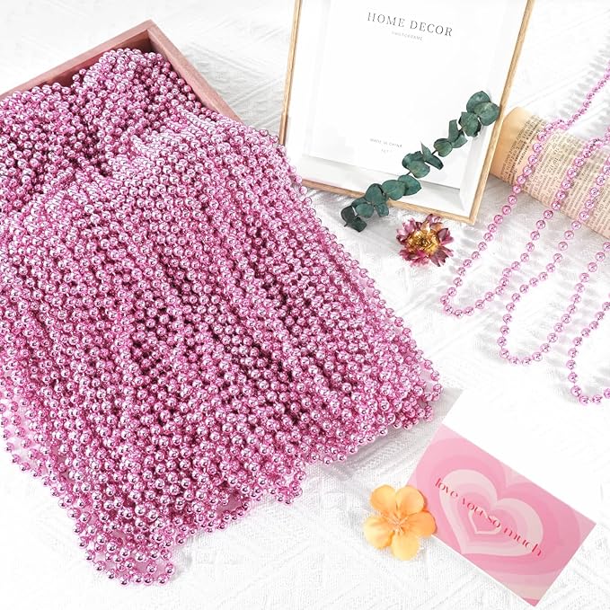 SHAOQINLIN 100 PCS Pink Bead Necklace, 33" Pink Mardi Gras Beads, Breast Cancer Awareness Beaded Necklaces, Party Beads for Mardi Gras, Christmas, Valentine's Day, Wedding, Gender Reveal Party Favors