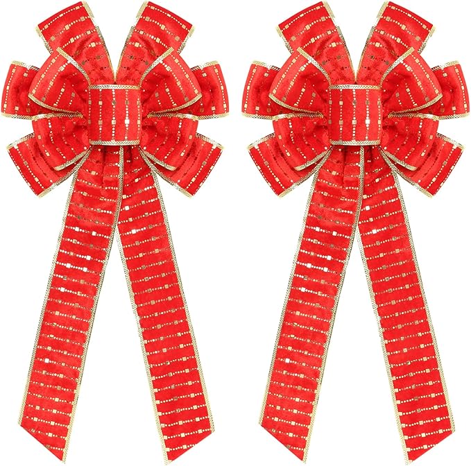 2PCS Red/Gold Velvet Christmas Bows with Gold Shiny Patches - 11"x19.6" Holiday Decor for Tree Topper Wreaths Door Windows Fireplace Fence Porch Gifts Parties Indoor/Outdoor Decorations