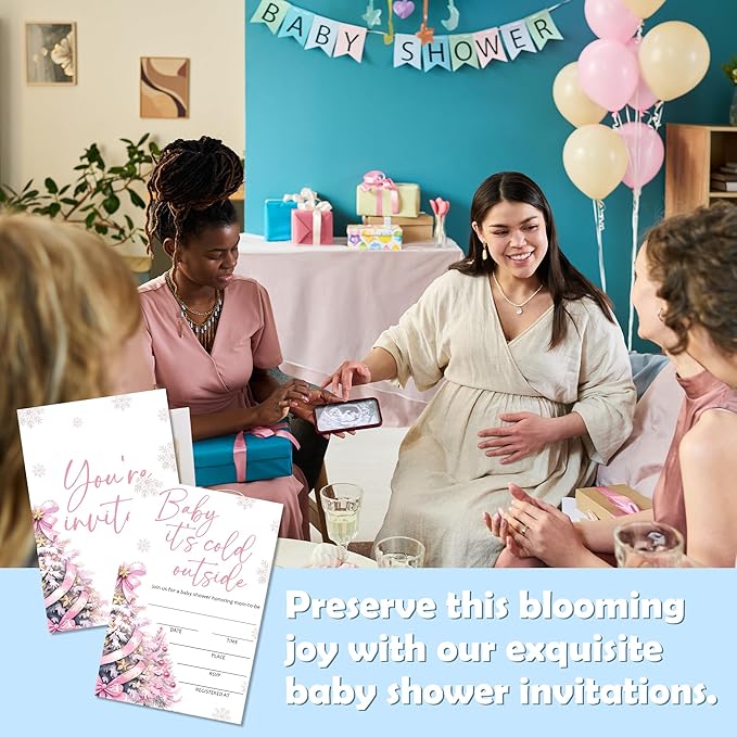 4'' x 6'' Baby It's Cold Outside Baby Shower Invitations - 25 Pink Bow Tree Invited Cards with Envelopes - Winter Announcement Invites for Girls, Gender Reveal Party Supplies & Decor -A05