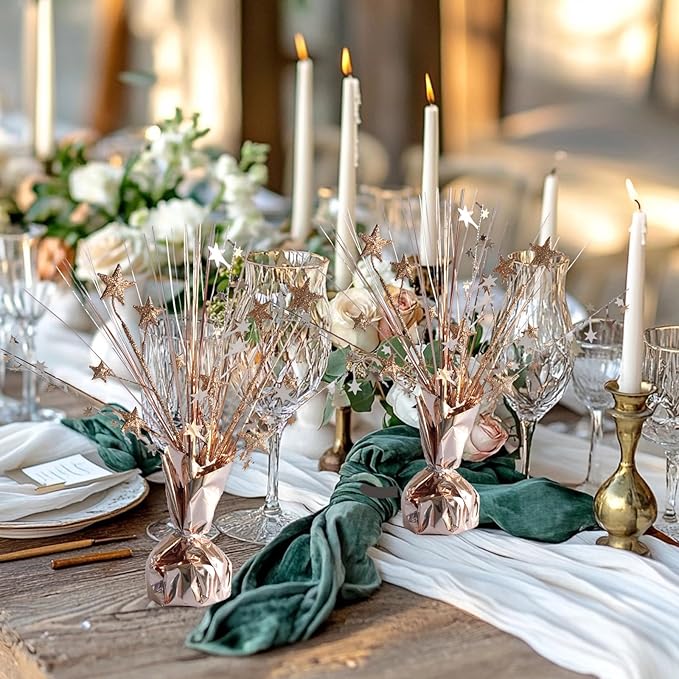 12 Pack Metallic Rose Gold Foil Spray Centerpieces Stars Brust Table Centerpieces for Wedding Birthday Anniversary Holiday Party Decor, Metallic Star Balloon Wights for Party