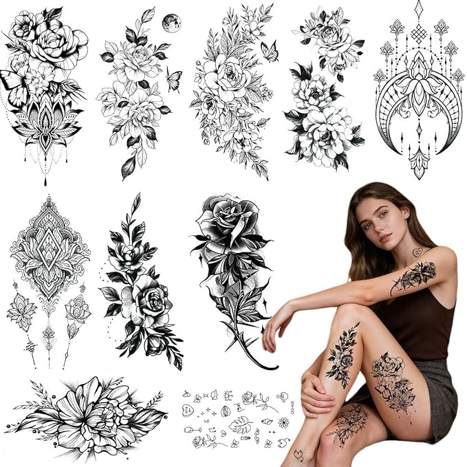 Black and White Floral Temporary Tattoos - 37 Sheets Delicate Mandala Boho Tattoo Stickers for Women, Waterproof Fake Body Art for Arms, Ankles, Back (Set of 10 Large Sheets)