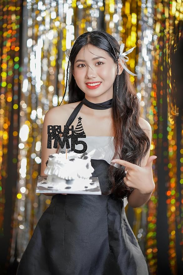 Bruh I’m 15 Cake Topper - Glitter Black 15th Birthday Cake Decorations, 15 Years Old Birthday Cake Smash Decor (15)