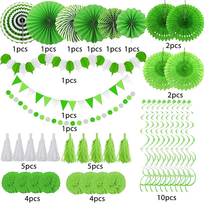 ZERODECO Party Decorations, 41 Pcs Green Papar Fans Pompoms Garlands String Tissue Paper Tassel for Fiesta Home Bridal Baby Shower Wedding Boy Girl Birthday Party