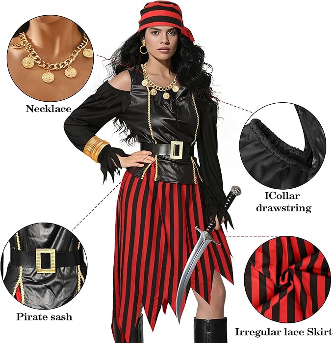 Drofe Pirate Costume Women Accessories Pirate Skirt Renaissance Top Adult Necklace Earrings Halloween Costume Full Set