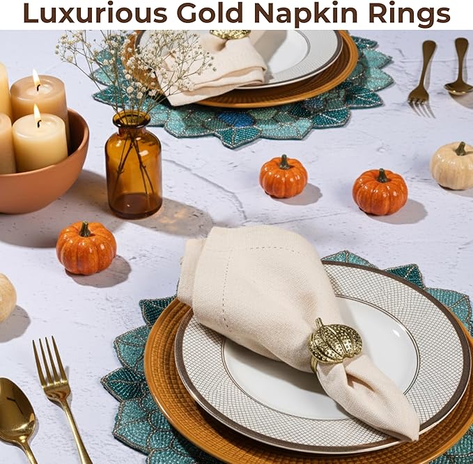 Napkin Rings Set of 12 - Pumpkin Elegant Napkin Holders Modern Serviette Buckles Metallic Adornment for Table Settings for Thanksgiving, Fall, Halloween & Holiday (Antique Gold) - CLEENTABLE