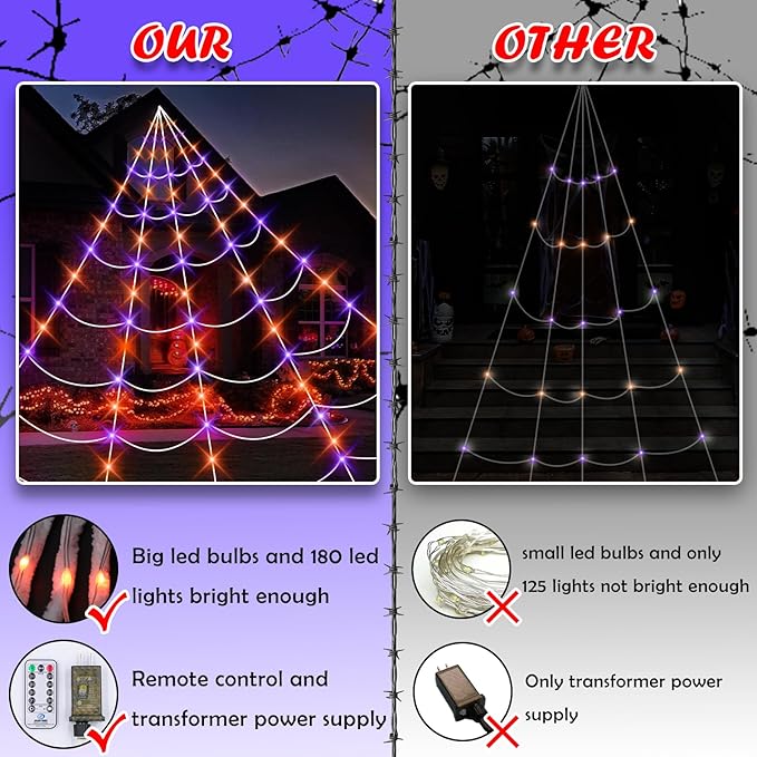 23Ft Light Up Spider Web Halloween Decorations Outdoor, 180 Orange and Purple LED Giant Web, 24 Spiders & 60g Stretch Cobweb Decor, 8 Modes Scary Lights for Outdoor Yard