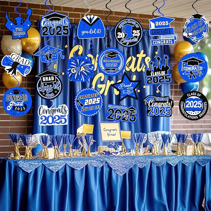 40Pcs Graduation Decorations Hanging Swirls, Blue Black Class of 2025 Graduation Party Hanging Swirls for 2025 Congrats Grad Party Decor