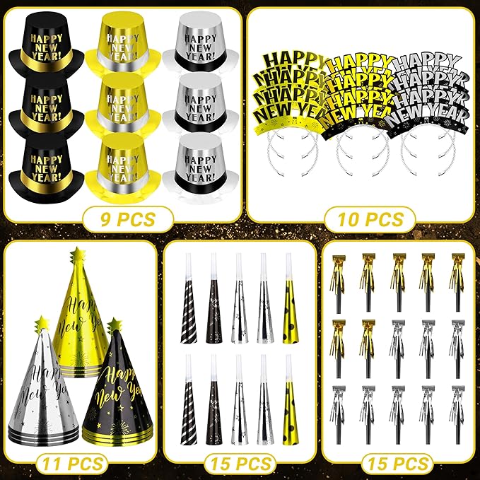 60PCS New Years Eve Party Favors, 30 People New Years Party Hats, Happy Eve Accessories Gold Silver Black, Cardboard Cone Hat Top Party Horn Blowers Tiara Party Supplies Decorations