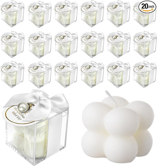 20 Pcs Small Bubble Candles Elegant Party Favors Bulk Set with Decorative Ribbons Thank You Cards for Bridal Shower Guest Gifts (20, White)