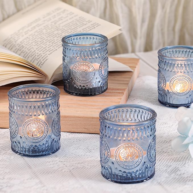 12 Pcs Blue Votive Candle Holders, Glass Tea Light Candle Holders for Wedding Table Centerpiece, Home Decor, Birdal Shower, Party